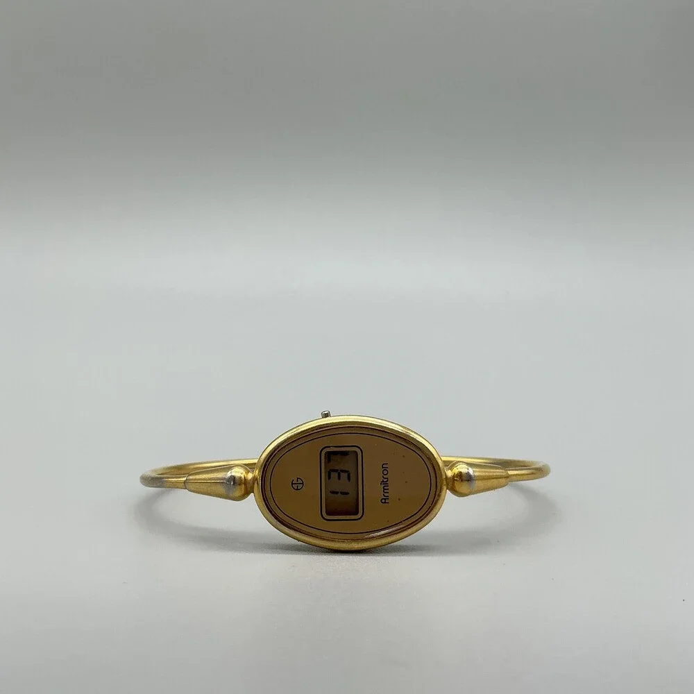 Vintage Armitron Womens Watch 18mm Gold Tone LCD Digital Bangle New Battery 6.5